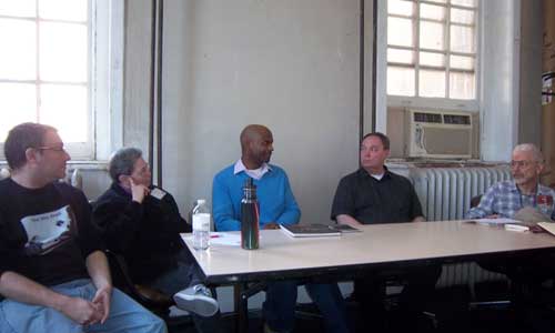 The panel for “Beyond the Bookstore” (from left to right): Steve Berman (Lethe Press), Sandy Karp (Graeae Press), Michael-Christopher (MC Books), Jameson Currier (Chelsea Station Editions) and Perry Brass (Belhue Press).