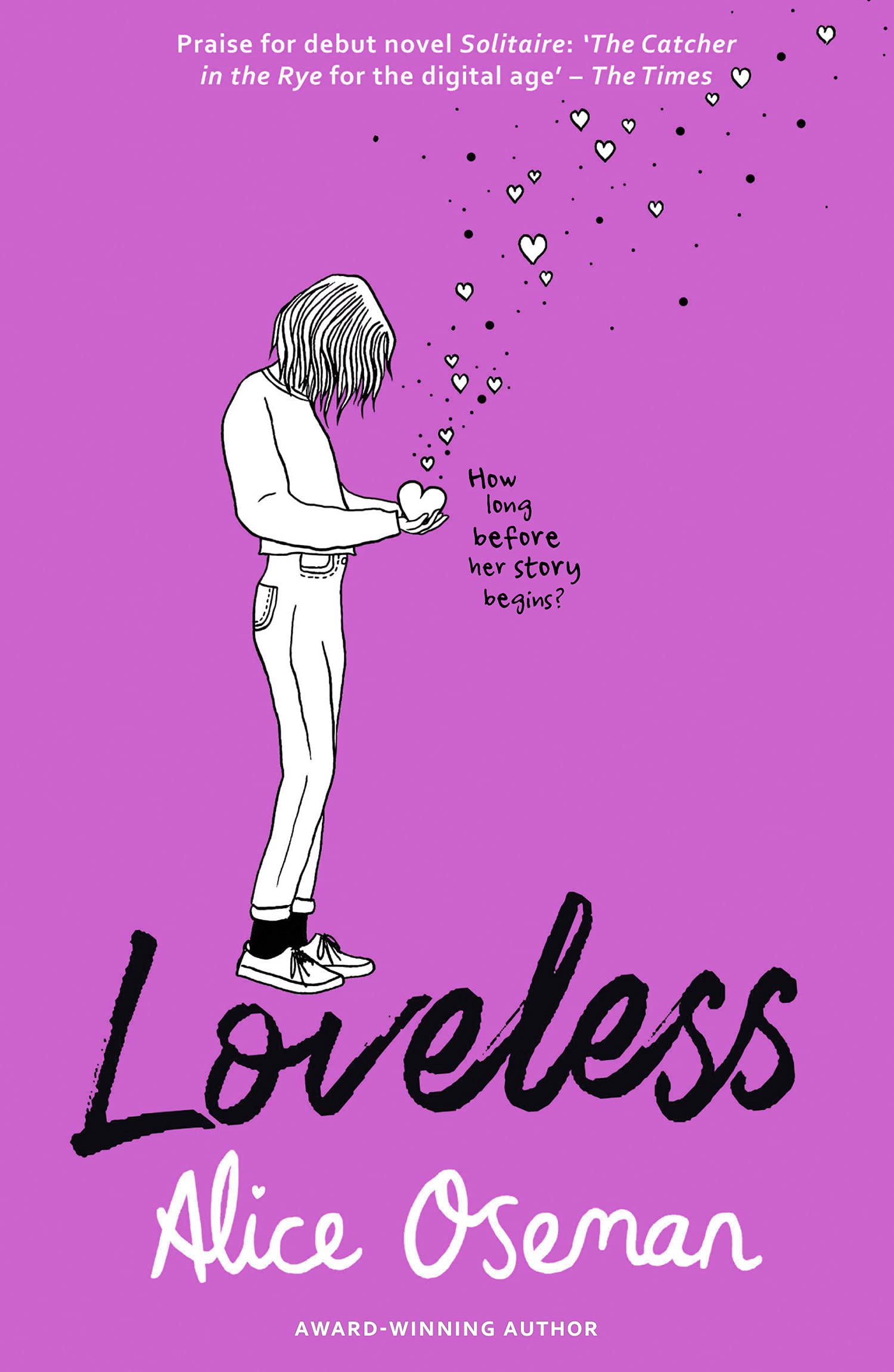 Book Cover of Loveless has a purple background and illustration of person holding fluttering hearts