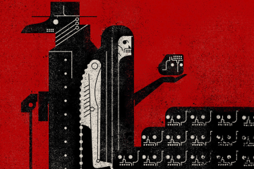 Cut-out image from the cover of Cassandra Khaw's new novella "The Salt Grows Heavy" featuring a plague doctor and mermaid next to a pile of skulls and rendered in a folky, mysterious style.