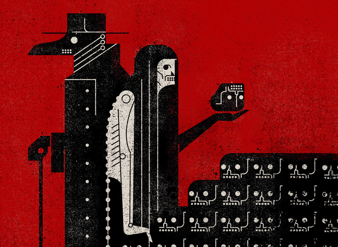 Cut-out image from the cover of Cassandra Khaw's new novella "The Salt Grows Heavy" featuring a plague doctor and mermaid next to a pile of skulls and rendered in a folky, mysterious style.