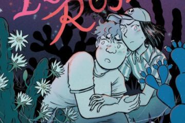 Cover image for Ashley Robin Franklin's YA graphic novel "The Hills of Estrella Roja;" the cover is a cartoon image of the novel's two main characters—Kat Fields and Marisol “Mari” Castillo, cowering among flowers, high grass, and weeds in the lower right-hand corner, with an human skull overgrown with vines in the left-hand corner. The book's title, "The Hills of Estrella Roja," hovers in pink hand-written print above Kat and Mari in the top left-hand corner.