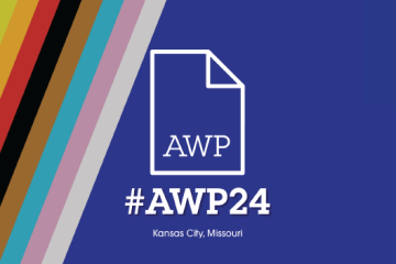 Graphic banner for AWP 2024 with AWP logo centred on a navy blue background with the Progress Pride Flag angled inward from the left side.