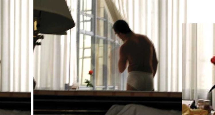 Cropped image of Bonds & Boundaries cover, portraying the blurry figure of a man in his underwear in a dim apartment.